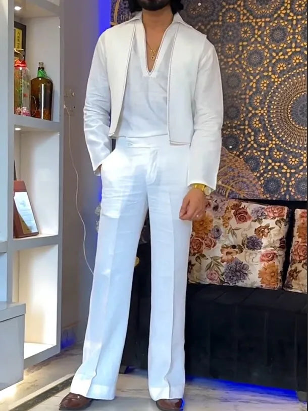 White polyester three-piece outfit with V-neck shirt, sleeveless vest, and regular-fit trousers.