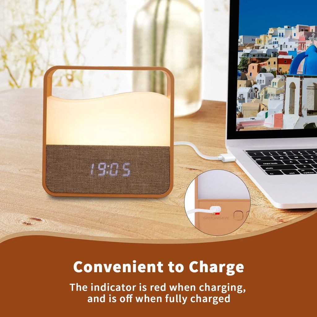Wood grain alarm clock night lamp with remote control, warm white 3W LED, 109x107x36mm geometric bedside unit