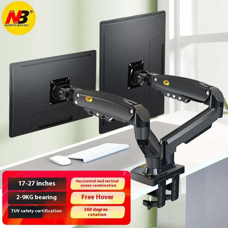 Black dual monitor desktop lifting rack holding two computer displays with mechanical height adjustment mechanism