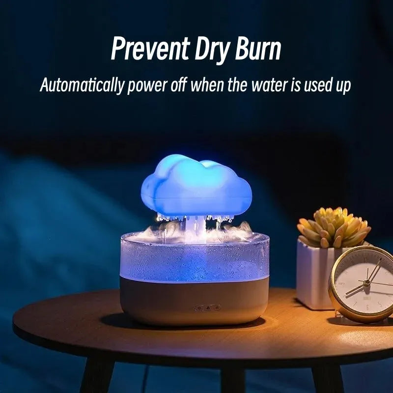 White cloud-shaped humidifier diffuser with multi-colour LED lights on a wooden surface.
