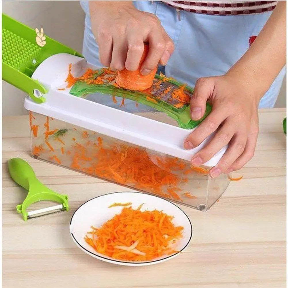 12-piece green vegetable chopper set with stainless steel blades on a kitchen counter