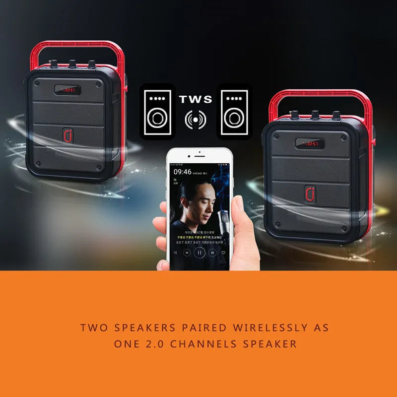 MS62AI portable Bluetooth speaker with wireless microphone, measuring 241x145x329mm in plastic construction