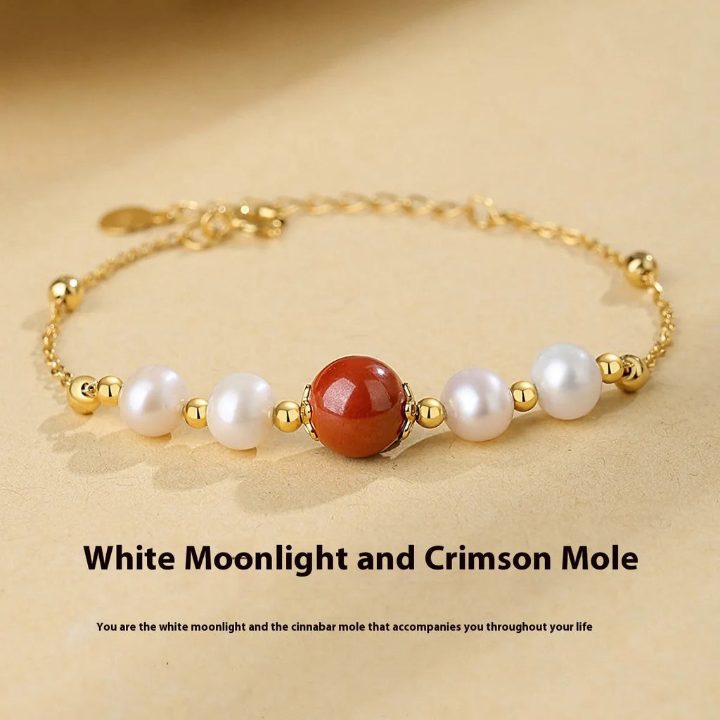 Yellow 925 silver red bean pearl cinnabar bracelet with adjustable sizing for women