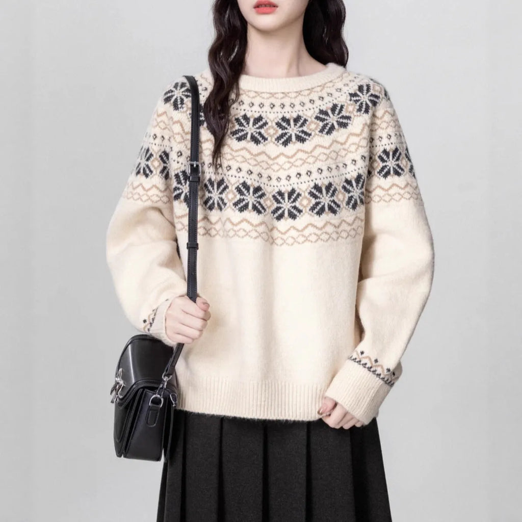 Women's vintage Fair Isle crew neck pullover sweater with geometric pattern in milky white, showing loose fit and regular sleeves