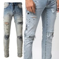 Men's light coloured paint splash ink wash jeans in cotton blend denim with medium to low waist, small straight leg, sizes 28 to 40
