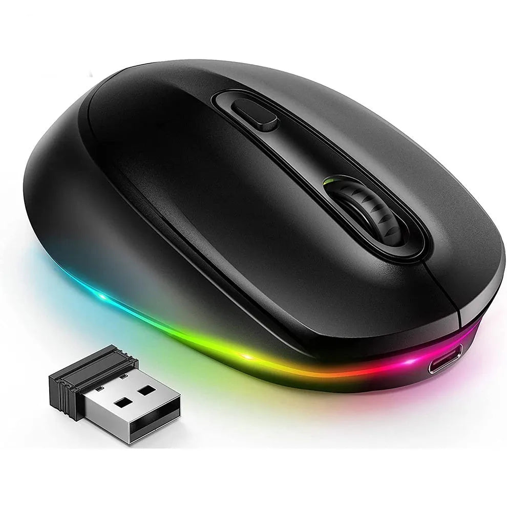 24g wireless mouse with ergonomic design showing seven colour options and USB charging cable