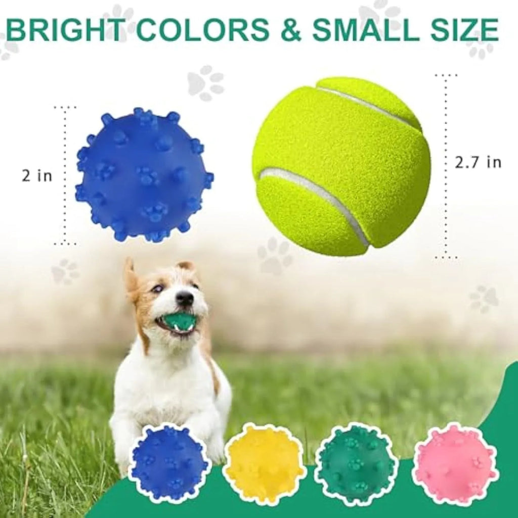 Four colourful spiked dog balls with 2-inch diameter, designed for small breed dental chew and fetch games