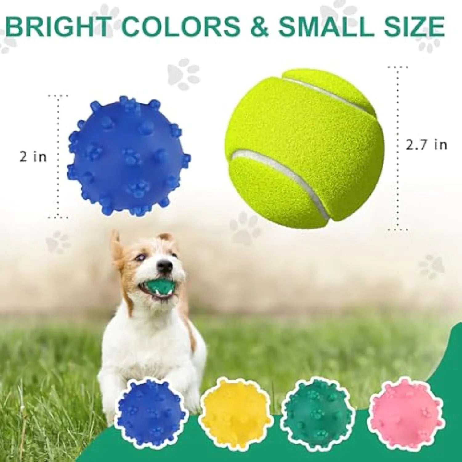 Four colourful spiked dog balls with 2-inch diameter, designed for small breed dental chew and fetch games