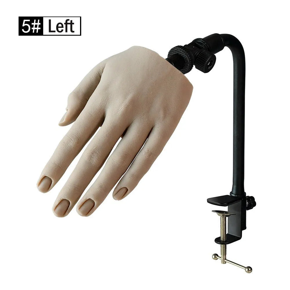 Silicone nail art practice hand model showing articulated fingers for manicure training.