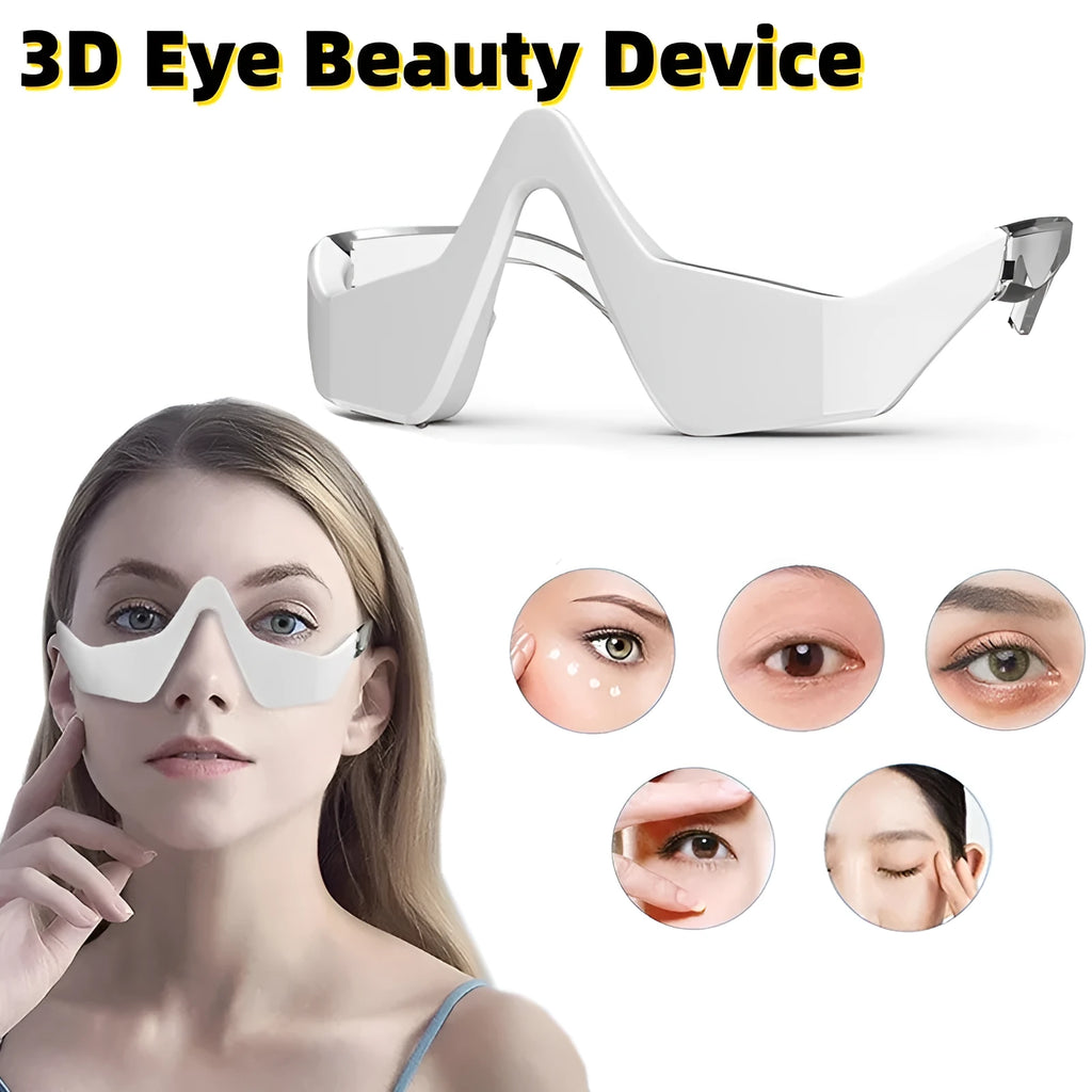 Pink and white USB rechargeable micro-current eye massager with glasses-style frame on a grey background.