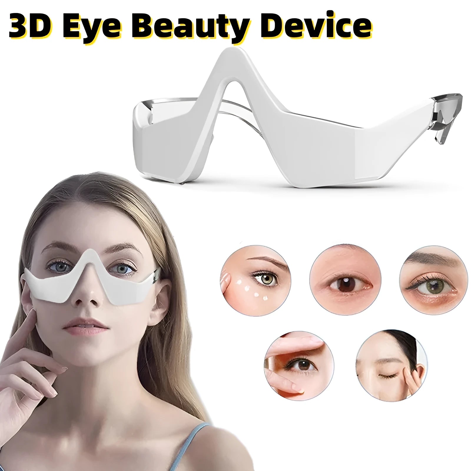 Pink and white USB rechargeable micro-current eye massager with glasses-style frame on a grey background.