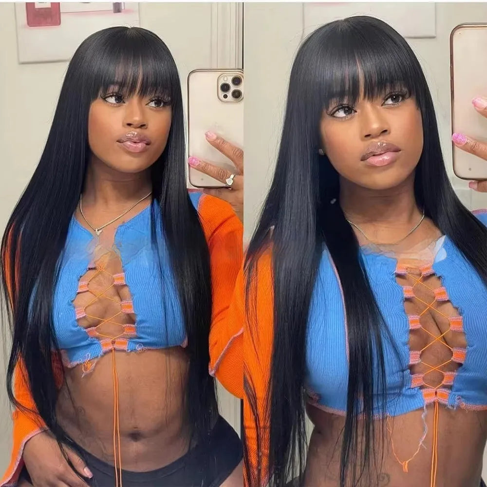 Straight fringe human hair wig with full-mechanism headgear on a display stand.