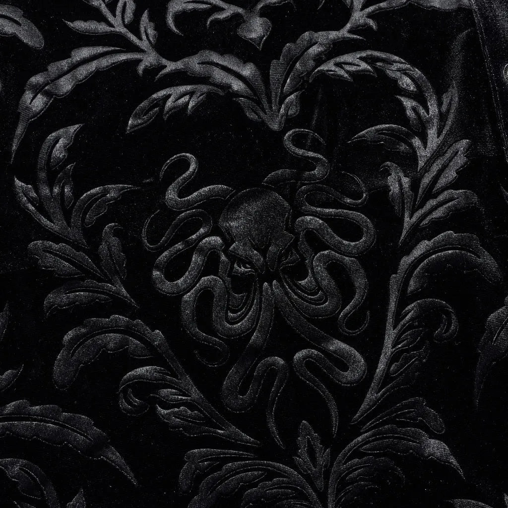 Black men's velvet shirt with gothic college styling and printed flocking decoration details