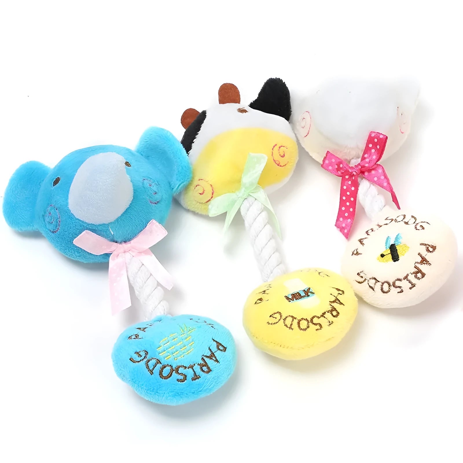 Plush dog toys with animal designs including frog, elephant, cow and bear with cotton rope sections