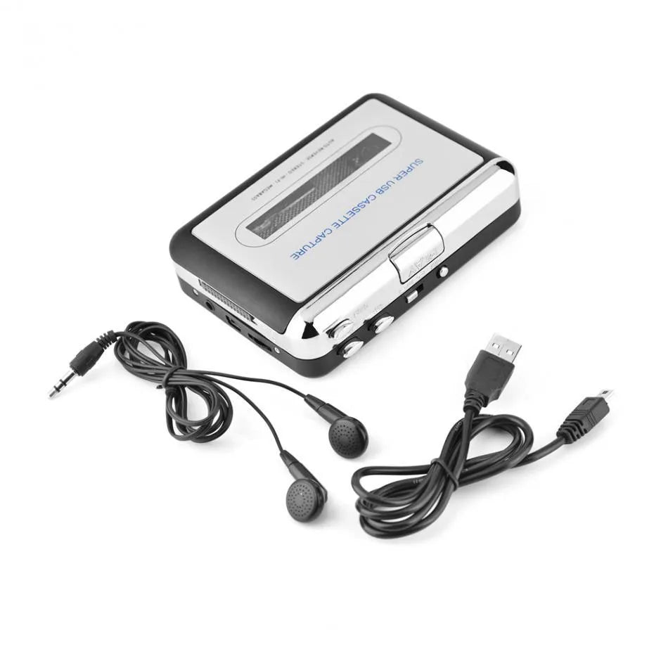 Silver USB cassette tape to MP3 converter unit with connection cables on a flat surface.