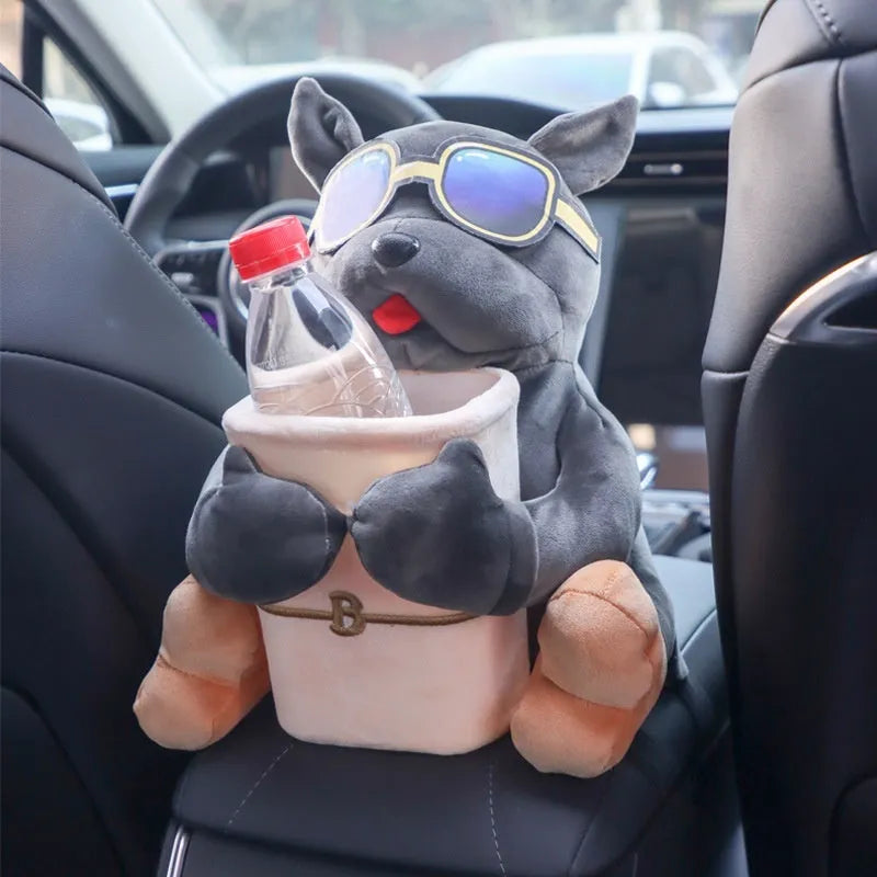 Men's car tissue box with plush fabric hanging from vehicle armrest showing character design options