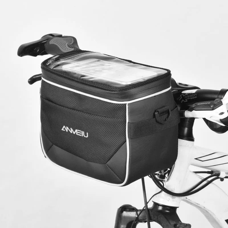 Black 7-inch polyester bicycle handlebar bag with hanging loop for scooter or cycling storage