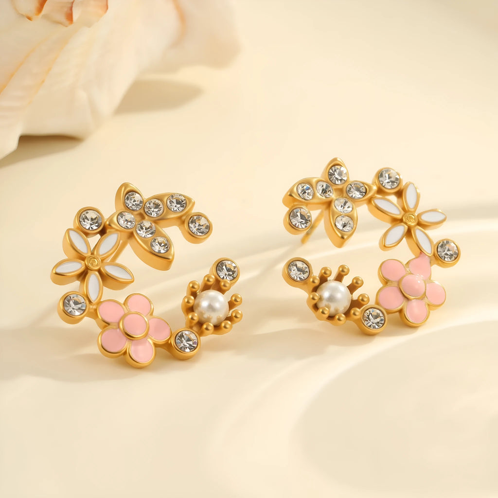 Colourful oil diamond flower petal stud earrings in 18K stainless steel with electroplated finish