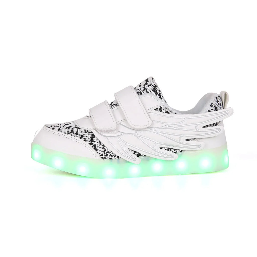 Children's LED light-up sneakers in plum red or white with USB charging port and hidden switch for light modes