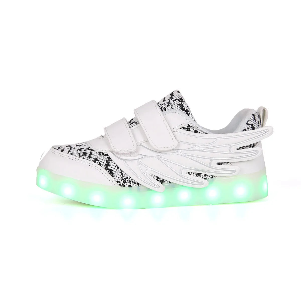 Children's LED light-up sneakers in plum red or white with USB charging port and hidden switch for light modes