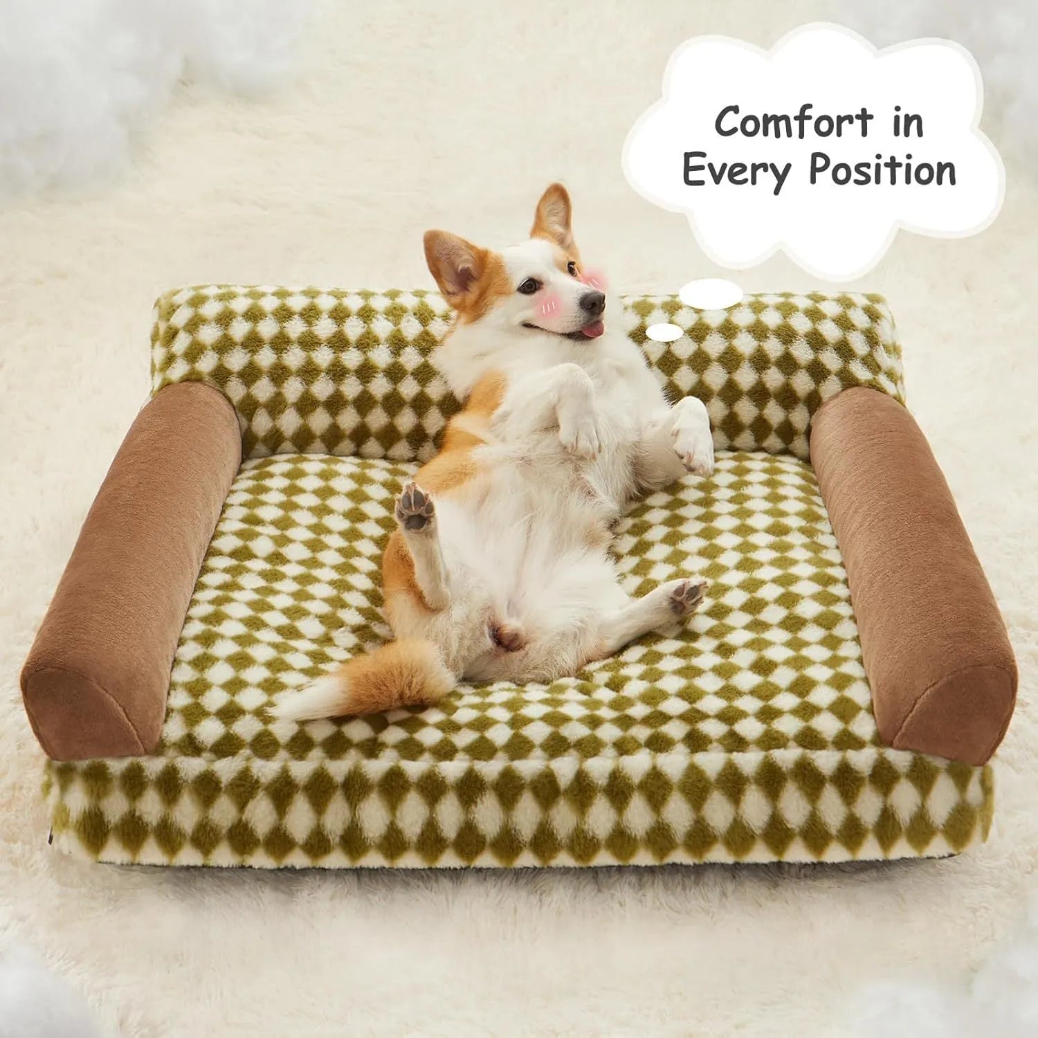 Checkered pattern pet sofa bed for small cats and dogs on a wooden floor.