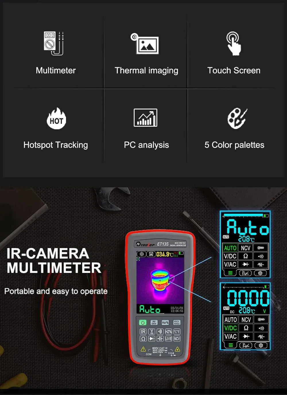 192x192 resolution thermal imaging multimeter with 2.8-inch touch screen display