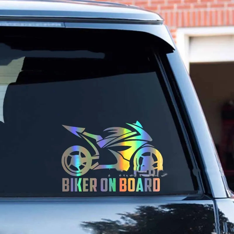 Reflective motorcycle car sticker in PET material, showing 10x15cm or 14x20cm size options in various colours for safety.