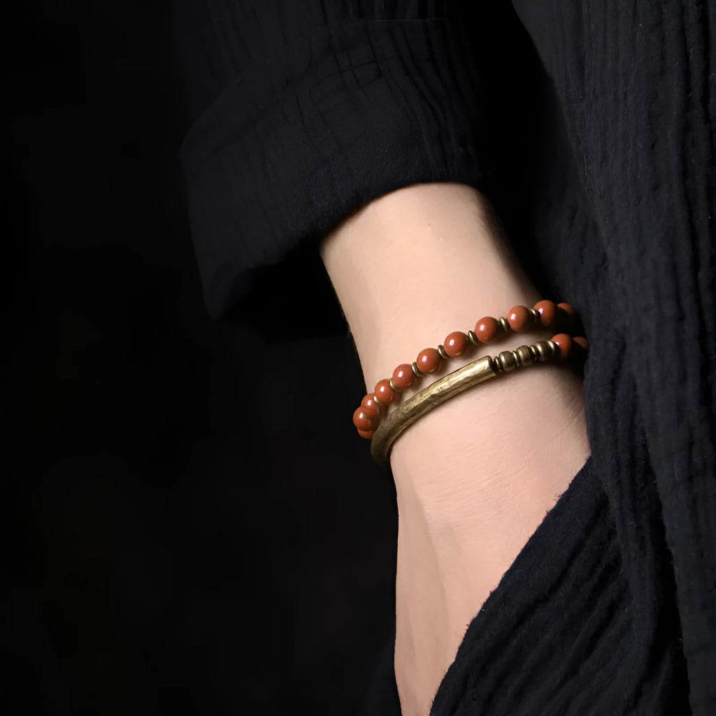 Layered retro ethnic bracelet for men and women in agate, stone, and brass.