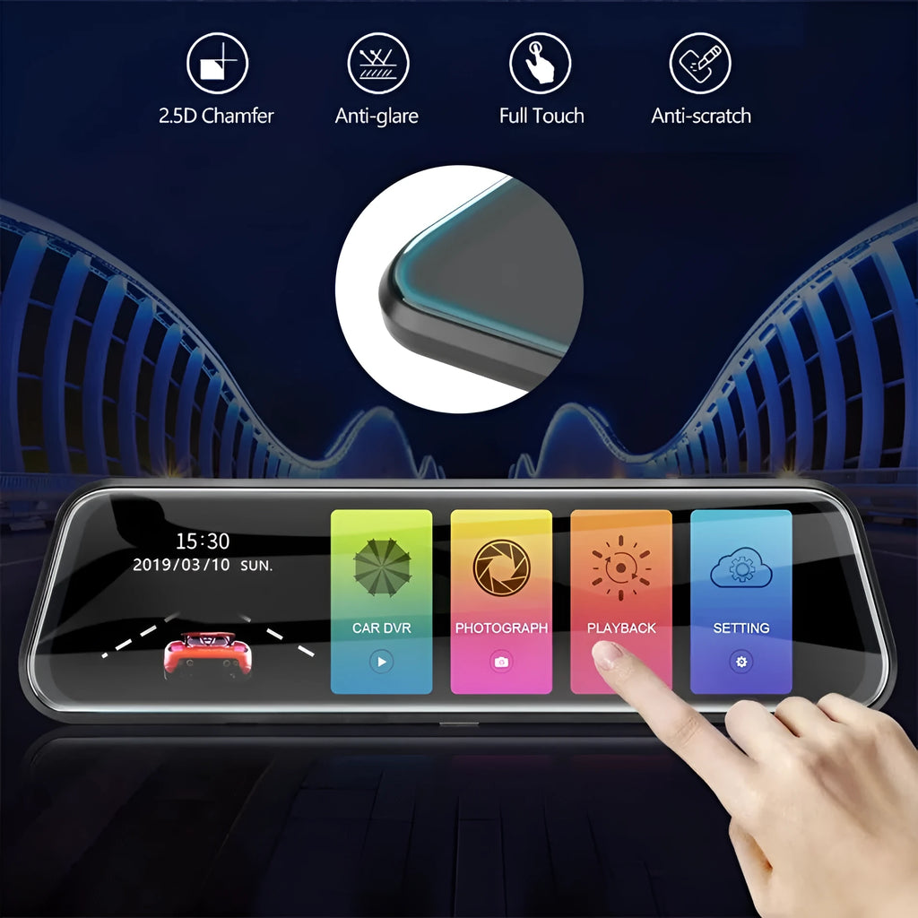 HD 1080p dual lens rearview mirror recorder with 9.66 inch touch screen displaying front and rear video.