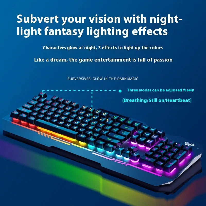 Black mechanical keyboard with colourful backlighting, mouse, and headset on metal frame