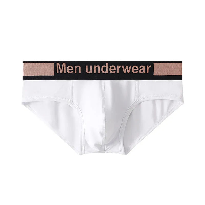 Men's low-waist modal briefs in gradient sports belt style, shown in black, white, and pink.