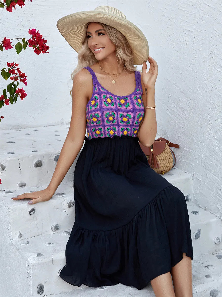 Purple sleeveless dress with hand-hooked floral stitching on cotton blend fabric, free size design