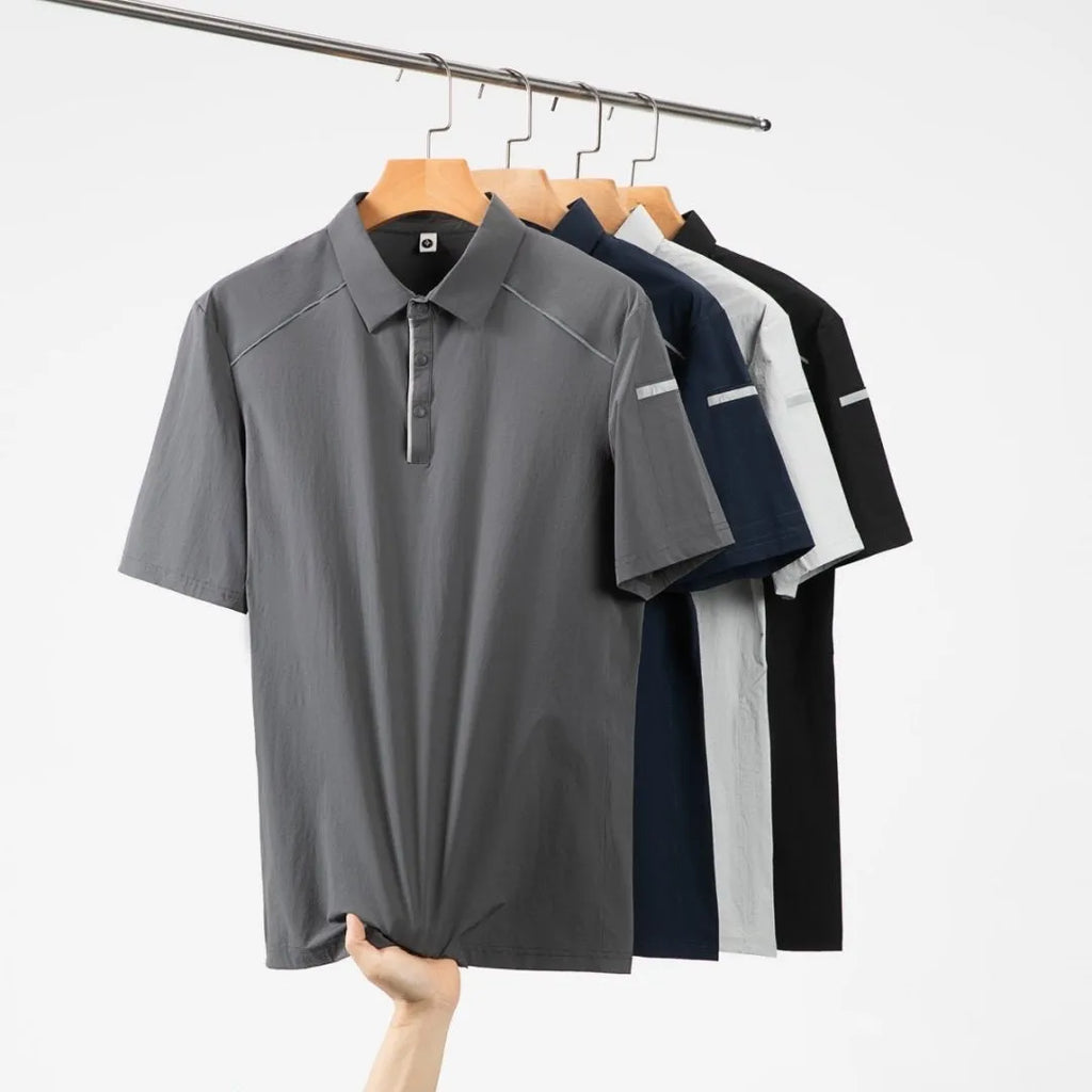 Men's loose fit nylon T-shirt with a stand collar and contrasting colour stitch details.