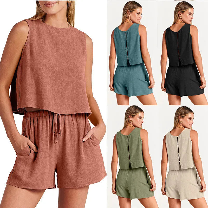 Women's summer sleeveless top and drawstring shorts set in rayon-linen blend fabric