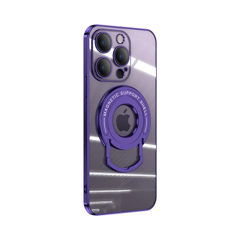 Transparent magnetic iPhone case with a silver electroplated frame and a pulled-out kickstand.
