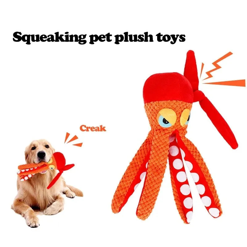 Orange octopus plush dog chew toy with textured tentacles and squeaker for dental cleaning