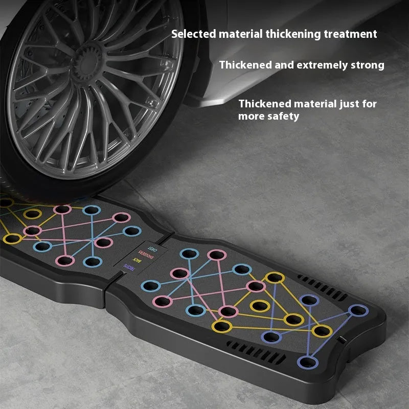 Flat ABS plastic push up support plate fitness equipment on a floor, shown in one of four available colour options.