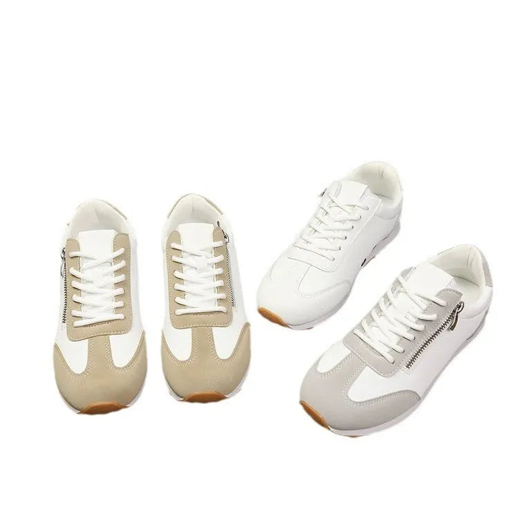 Women's flat-heeled shoes in champagne, grey, and white colours with artificial PU upper and rubber sole