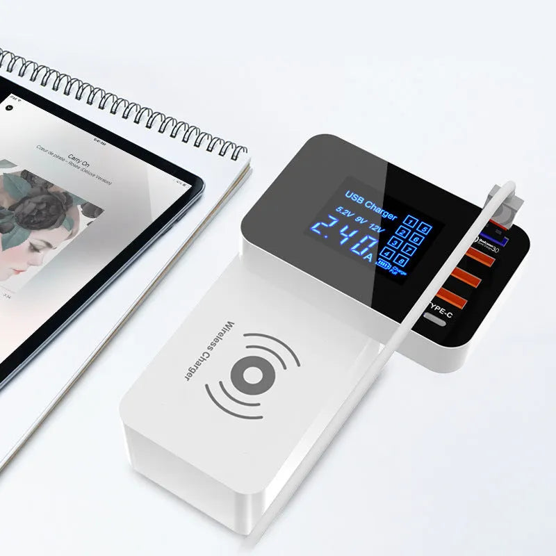 White multi-port USB charger with wireless charging pad and EU UK US plug adaptors