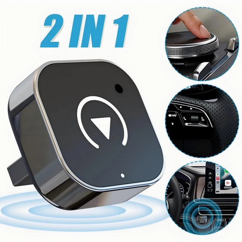 Black CarPlay wireless adapter box with USB connection for converting wired CarPlay systems