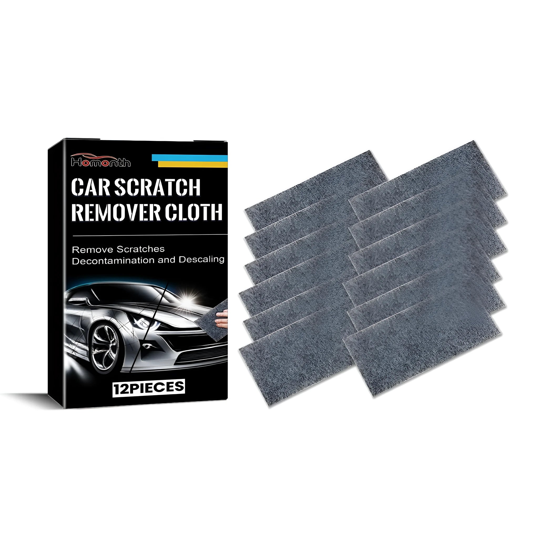 Pack of 12 white car scratch remover cloths each measuring 10 by 20 centimetres.