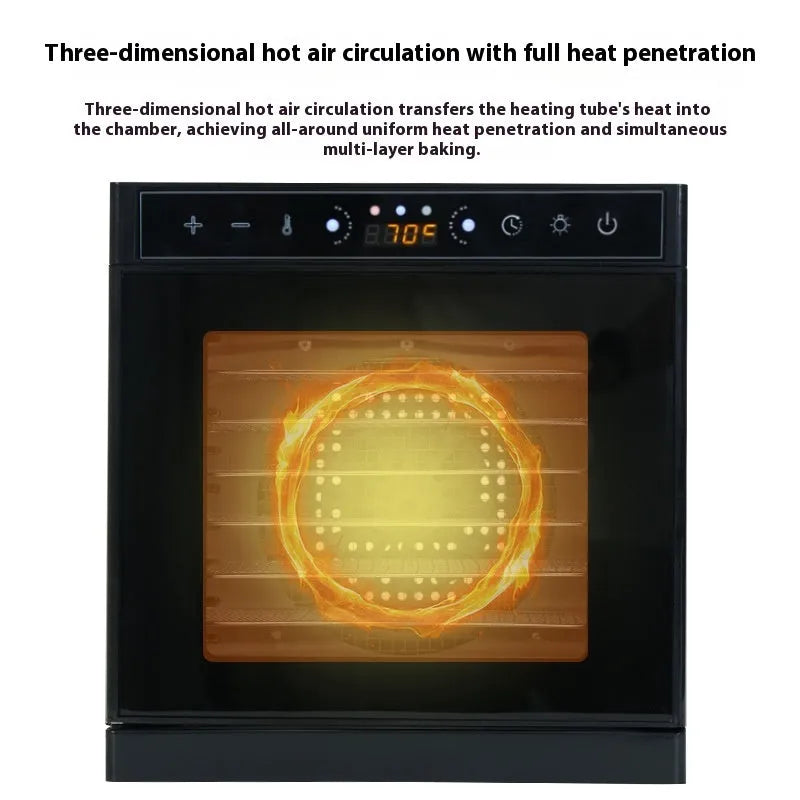 Stainless steel fruit dehydrator with visual skylight, 6 trays, LED control panel showing temperature settings