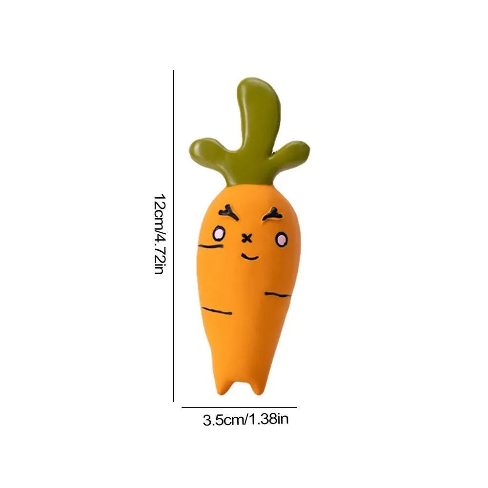 Latex vegetable dog chew toy with cartoon onion and eggplant design measuring 7x5x13cm