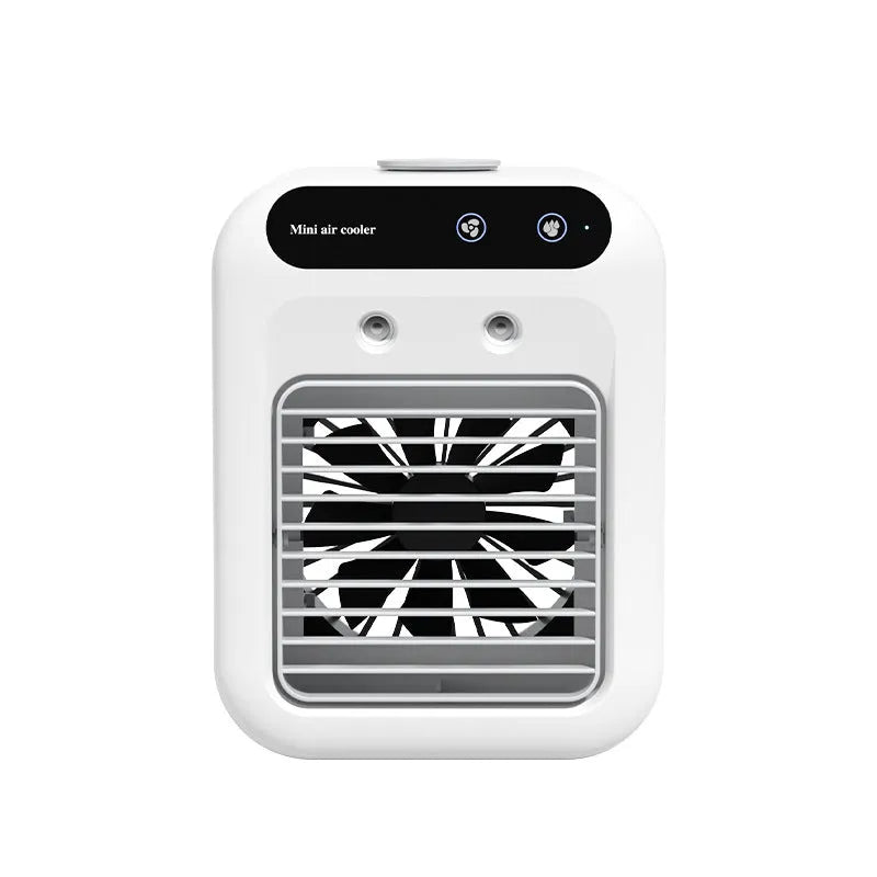 Ivory white portable USB air cooler with water tank and touchscreen controls on desk