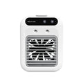 Ivory white portable USB air cooler with water tank and touchscreen controls on desk