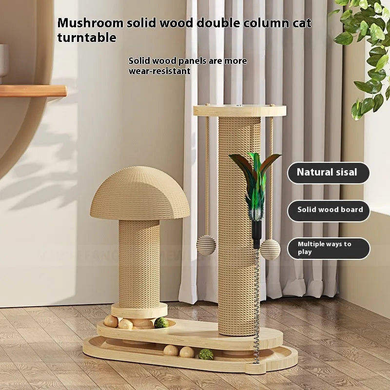 Solid wood cat turntable scratching post showing 60cm height and 30cm diameter rotating surface with multiple design options