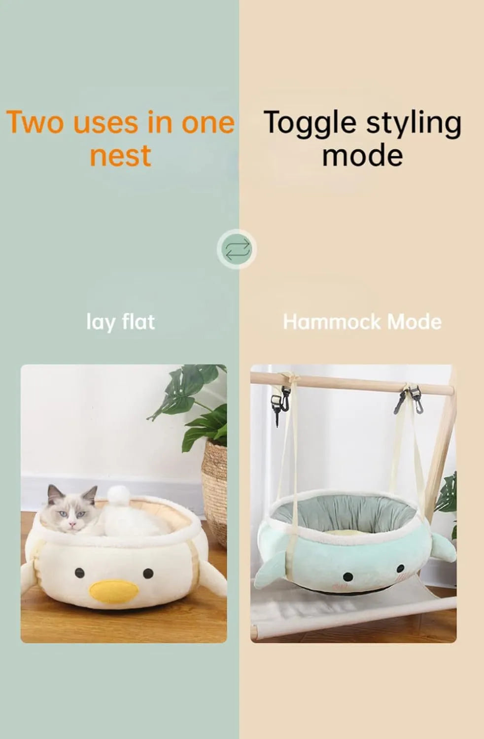 Green chick dinosaur shape cat bed laid flat as sofa with attached straps for hanging
