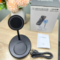 Vertical wireless charger with cooling holes showing smartphone charging in upright position
