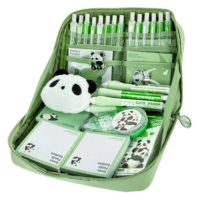 Green 12 layer panda pencil case with Korean style design and canvas construction