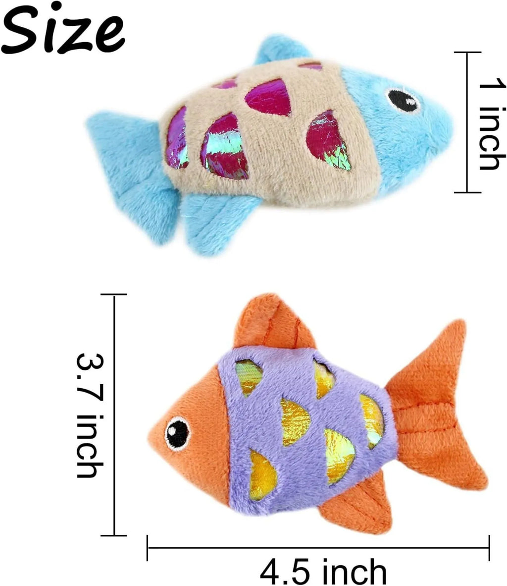 Two fish-shaped catnip plush toys with crinkle paper sound layer in blue, orange, and pink colour options